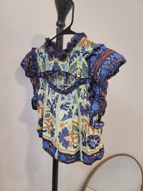 Farm Rio Tops - Farm Rio Green Ocean Tapestry Lace Blouse Sz Medium Multicolor